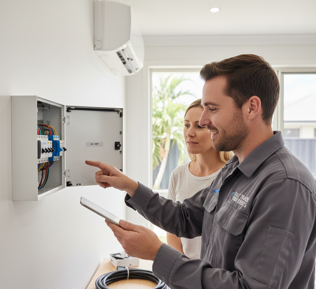 Dual-trade electrician showing a Brisbane homeowner the switchboard requirements for a new air conditioning install.