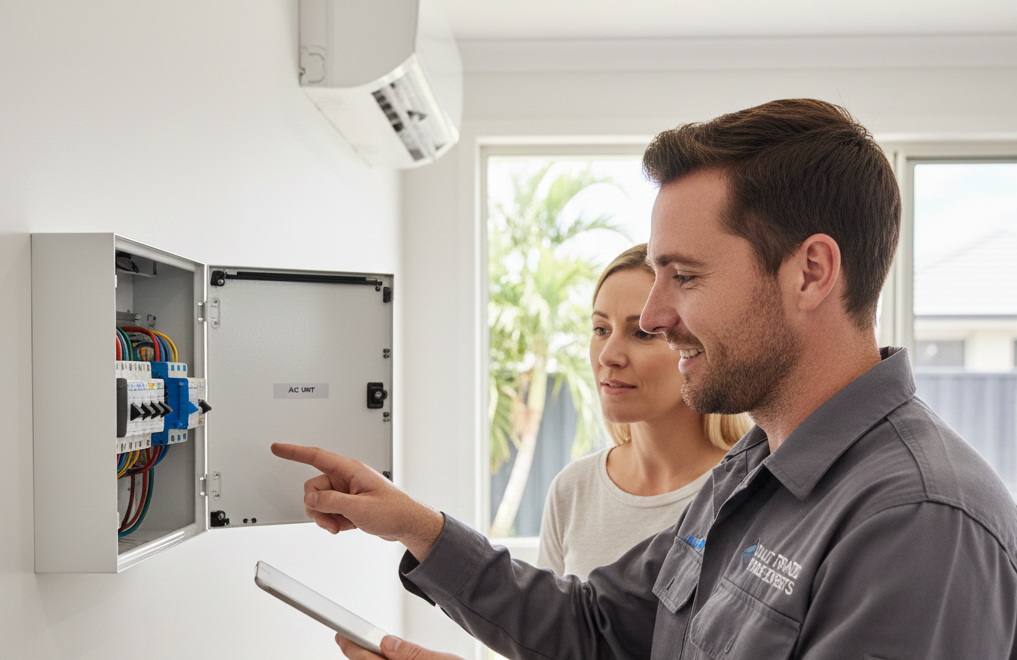 Dual-trade electrician showing a Brisbane homeowner the switchboard requirements for a new air conditioning install.