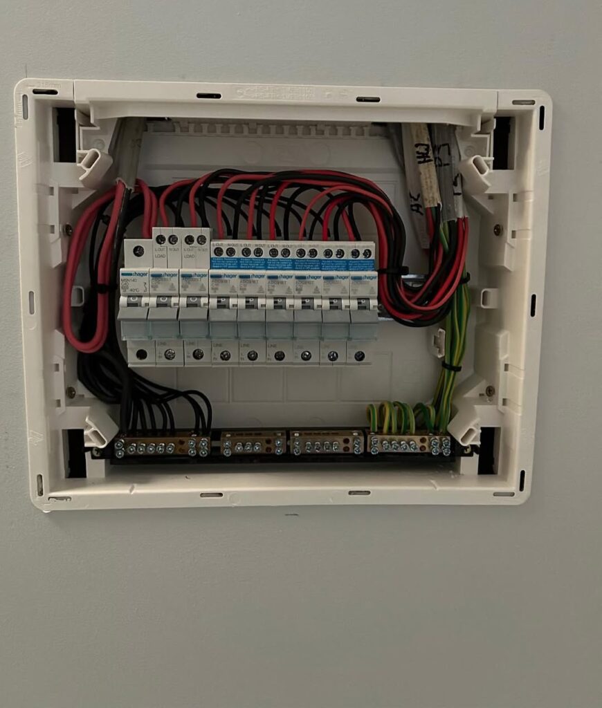A newly upgraded, compliant electrical switchboard with safety switches (RCBOs) installed to support a new high-load air conditioning system.