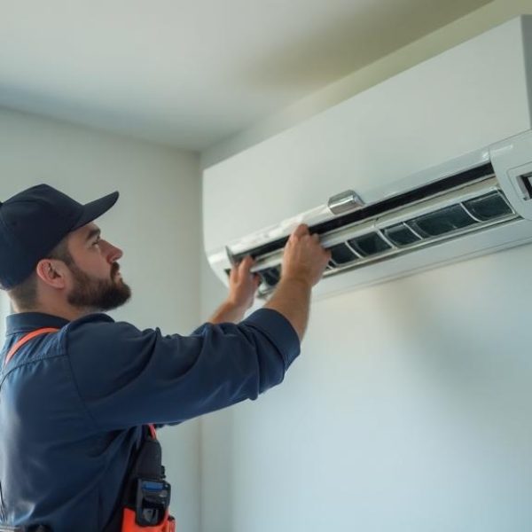 Dual-trade electrician from Integrated Trade Services installing a smart ducted air conditioning zone controller in a Brisbane home.